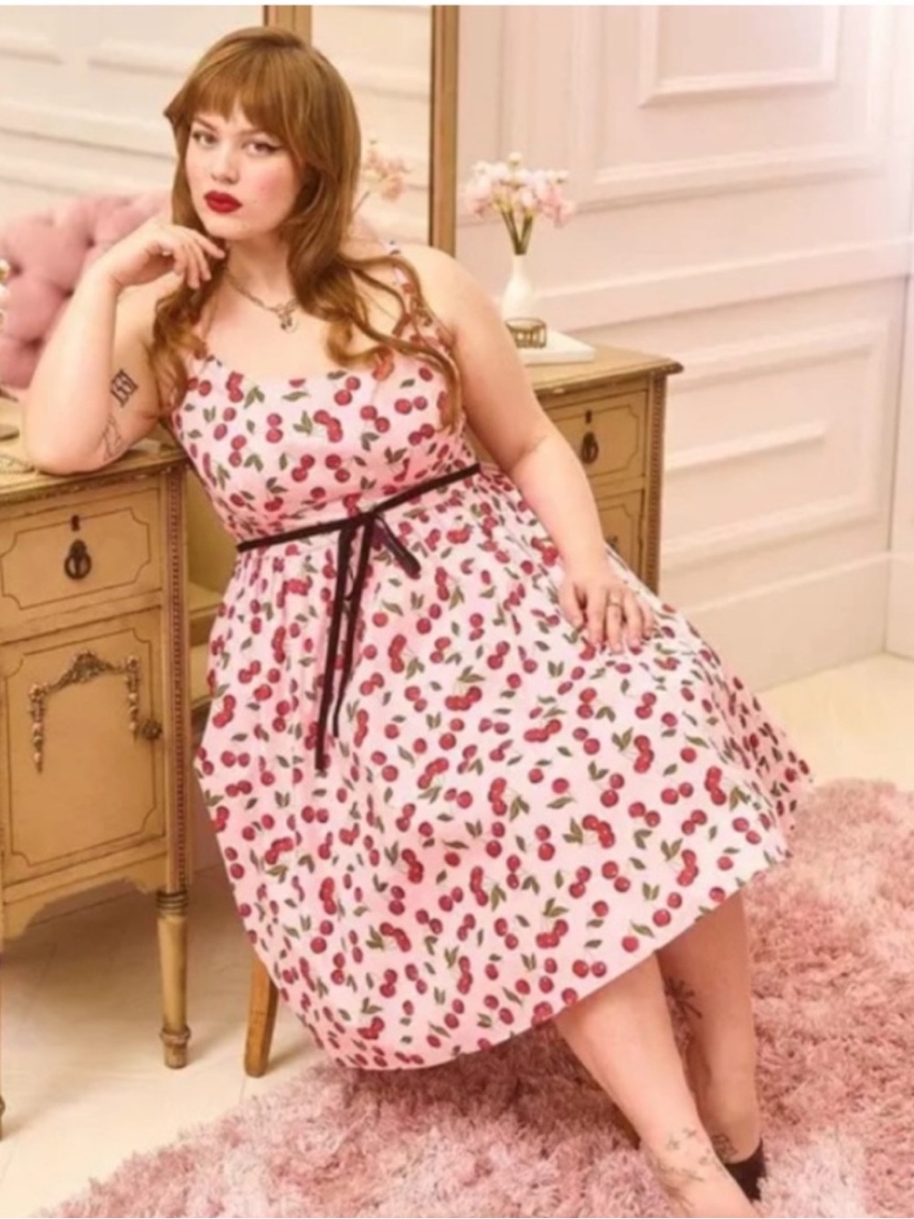 Torrid Retro Chic Cherry Print Pink Sleeveless Smocked Dress Size 3 Pockets